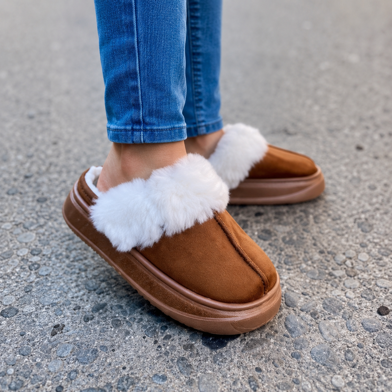 Pantuflas marrones y peludas en pies con vaqueros azules de pie sobre un pavimento gris.