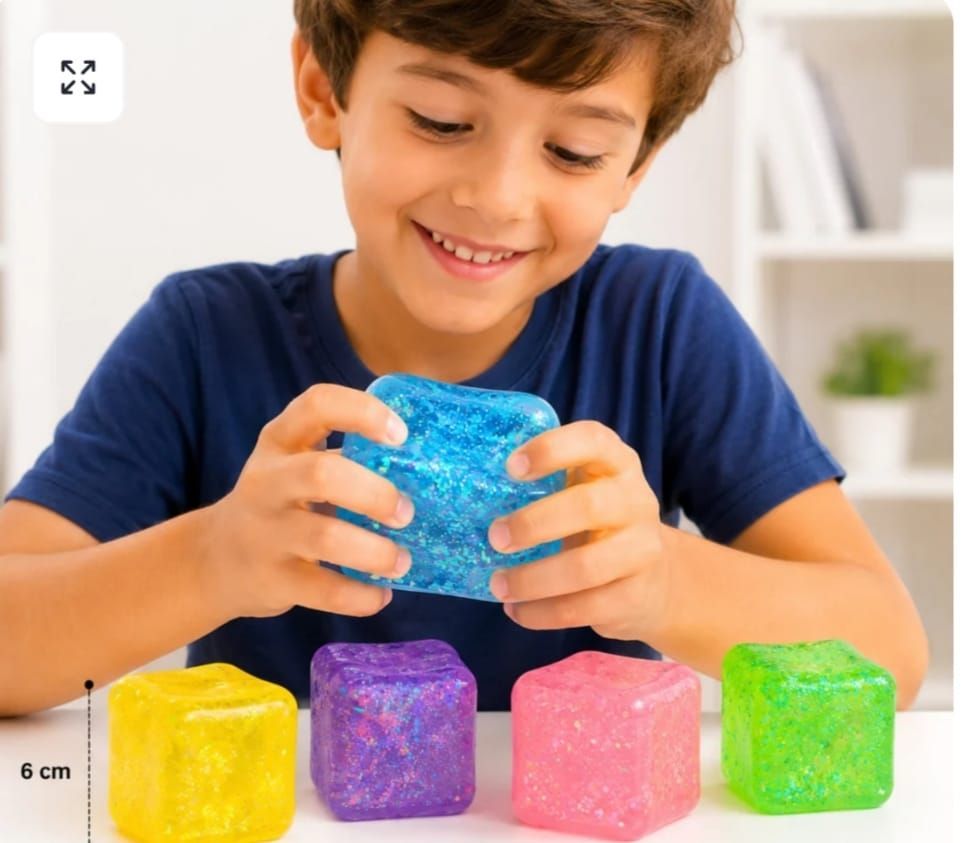 Un niño sonriente apila un cubo azul sobre bloques translúcidos de colores sobre una mesa.