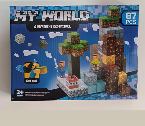 Caja de un juego de construcción con bloques con personajes y escenarios al estilo Minecraft, 87 piezas.