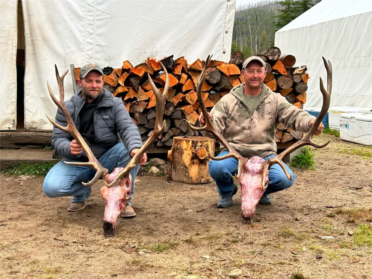 Two men are kneeling down with their deer heads in front of a pile of logs.