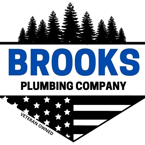 Logo for Brooks Plumbing Company, featuring a blue text on a white backdrop, with a silhouette of trees above, and an American flag below.