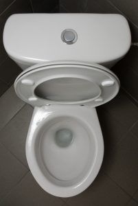 White toilet with the lid up, seen from above.