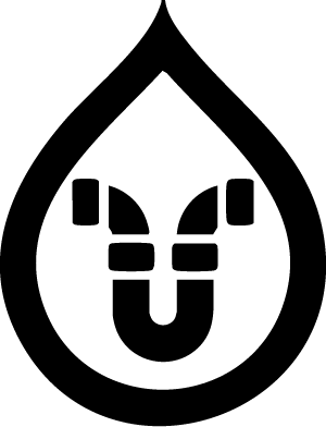Black plumbing pipe icon inside a black water droplet shape.