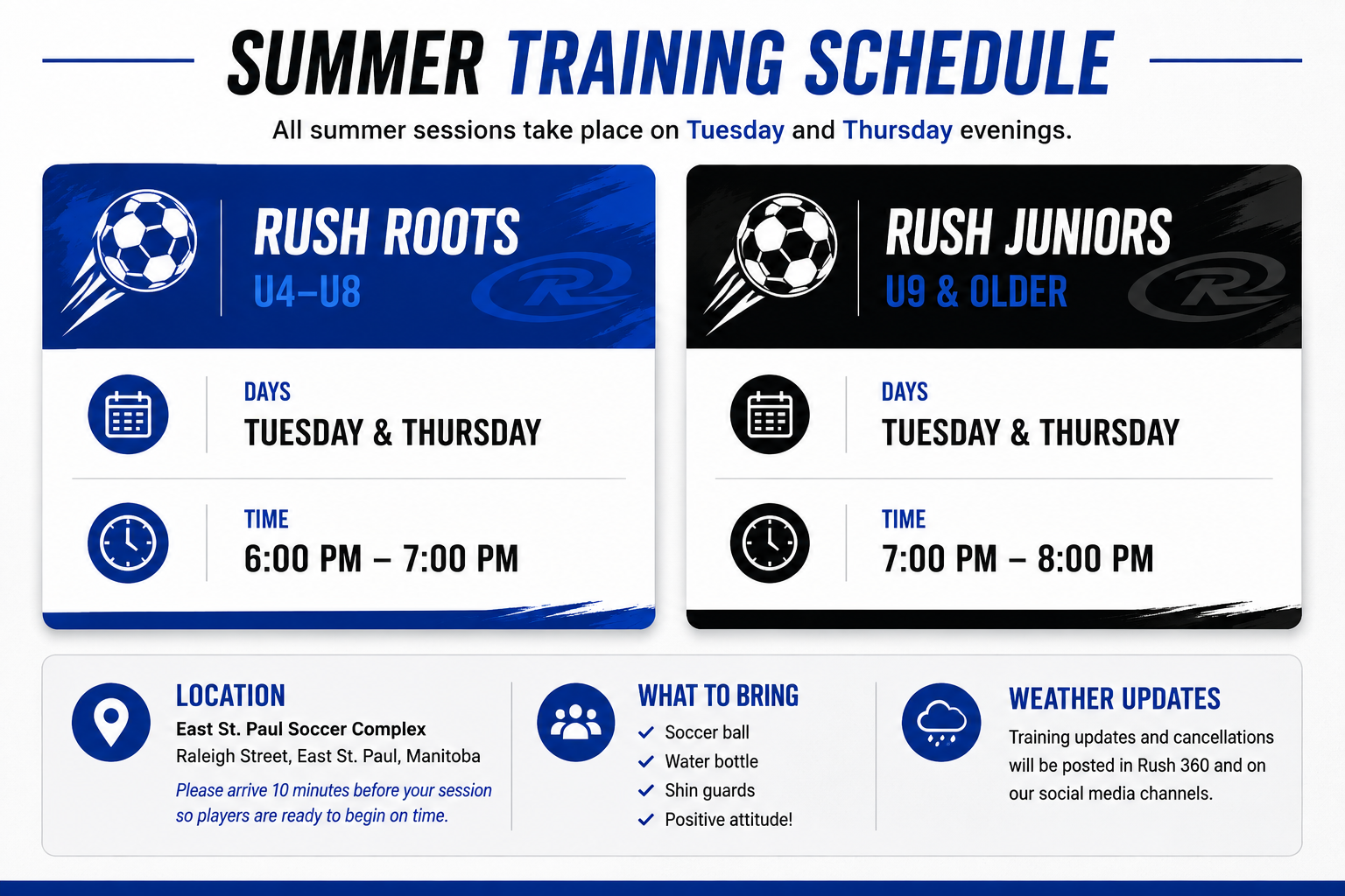 Weekly field schedule poster for football, with blue-and-white boxes listing Monday through Thursday practice times.