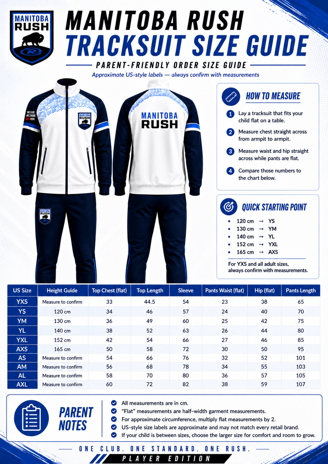 Manitoba Rush tracksuit size guide with front and back jersey views and a sizing chart on white background