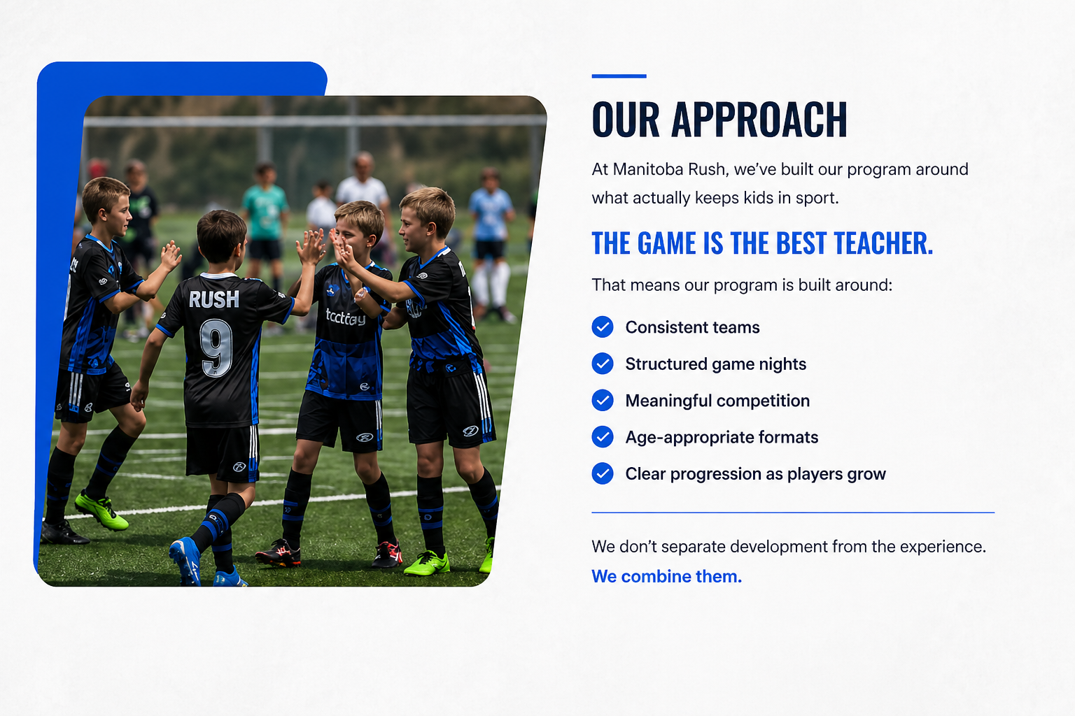 Soccer team huddles on field beside “Our Approach” text and bullet points