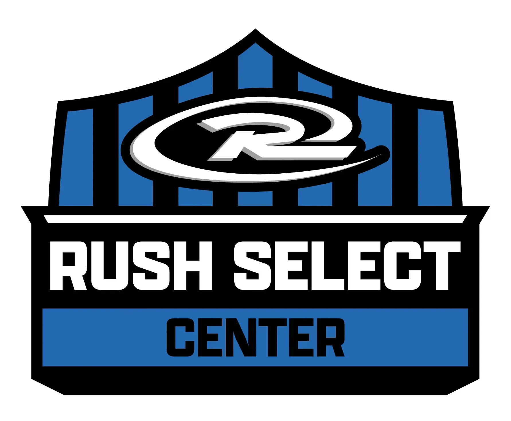 Rush Select Center logo with blue-and-black shield and bold white text