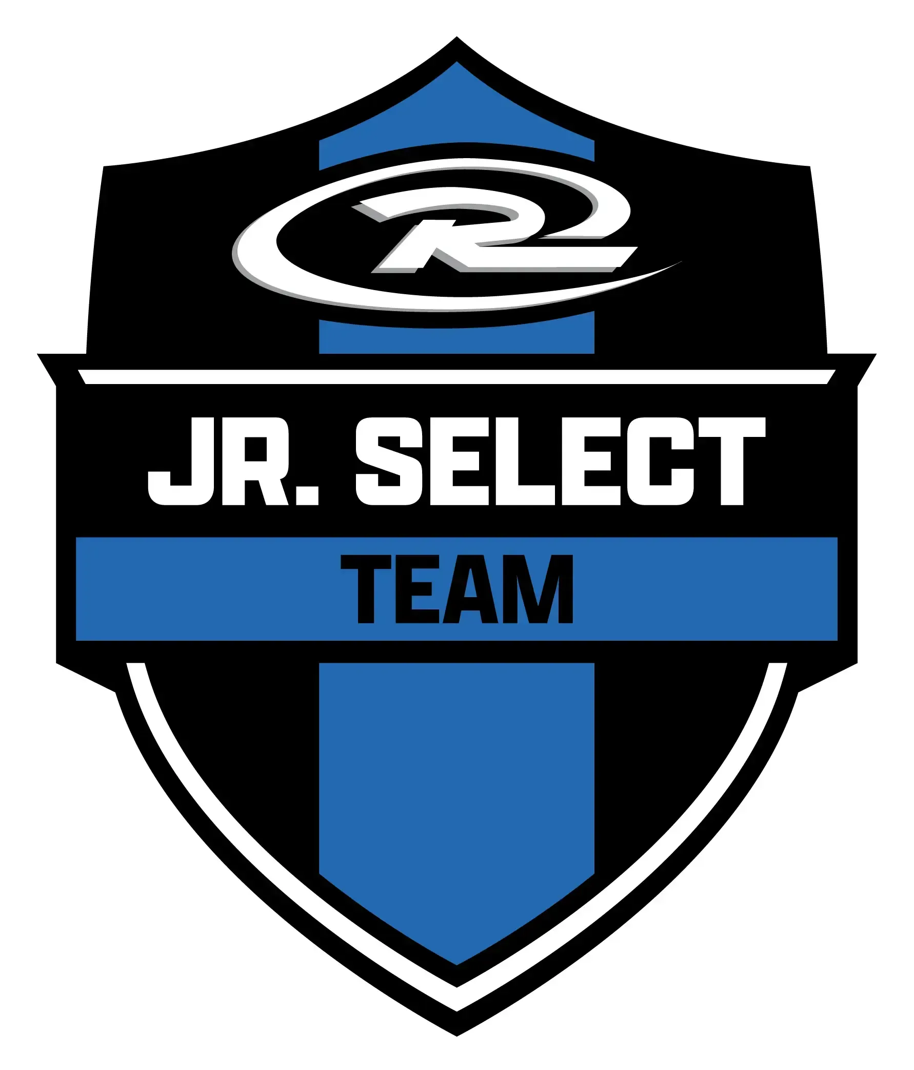 Black and blue shield logo with “JR. SELECT TEAM” text and a white swirl emblem on top