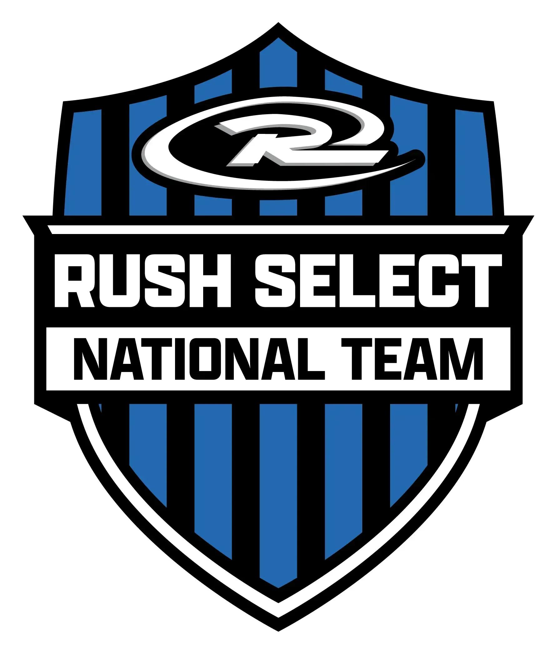 Rush Select National Team logo on a black-and-blue shield with white text and a stylized emblem