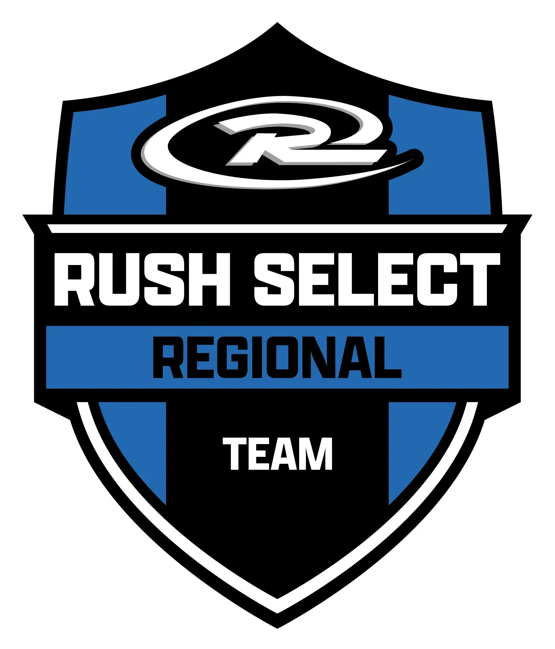 Rush Select Regional Team shield logo in blue, black, and white with stylized “R” emblem.