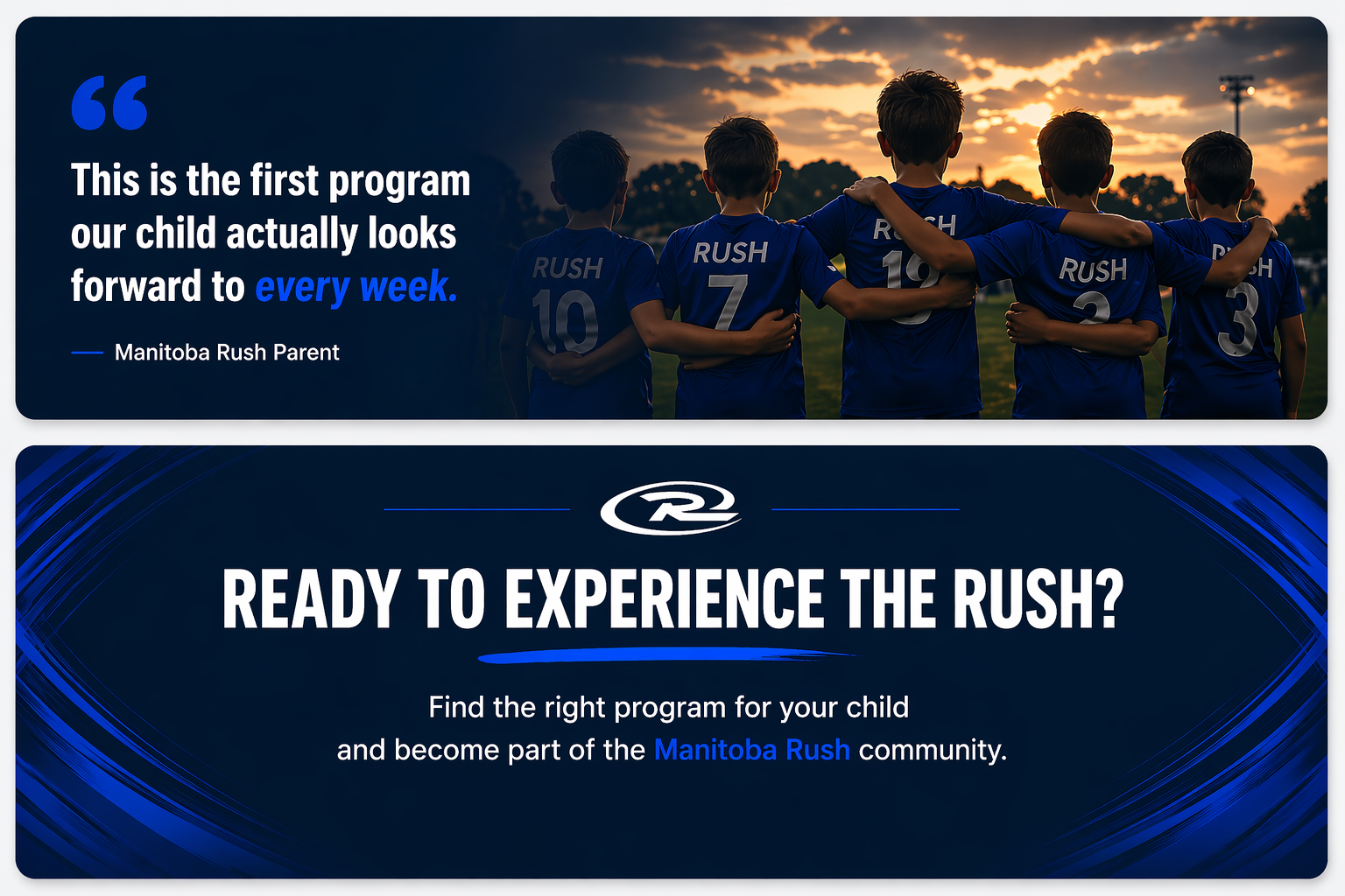Blue sports promotion banner with children on a soccer field and text promoting a first youth program and community to rush.