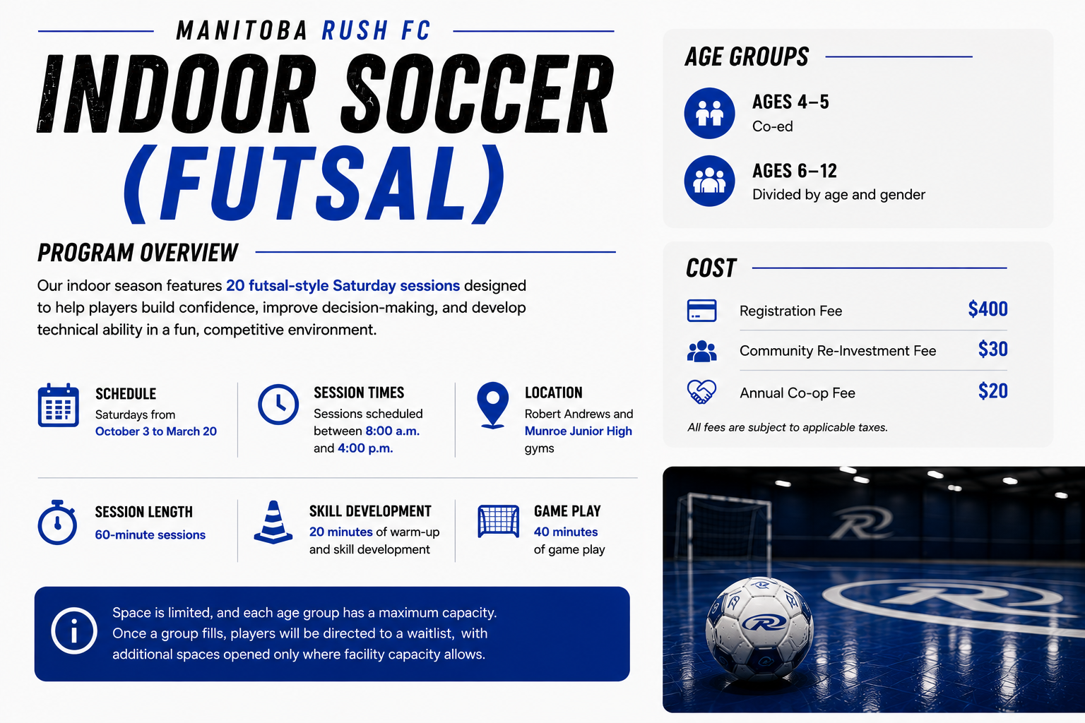 Three blue football academy promo cards for Rush Roots, Rush Juniors, and Rush Select with players on field