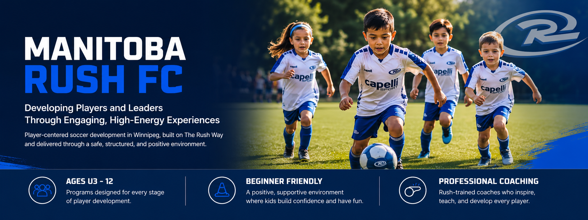 Manitoba Rush FC promo banner with youth soccer players in blue-and-white uniforms on a blue background