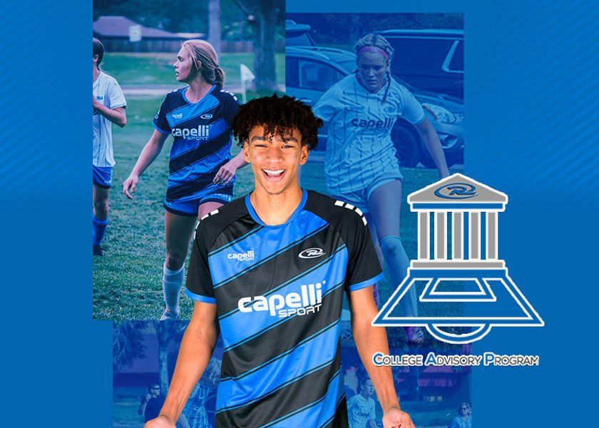 Blue sports promo graphic with a smiling athlete in a black-and-blue jersey and a university-style emblem