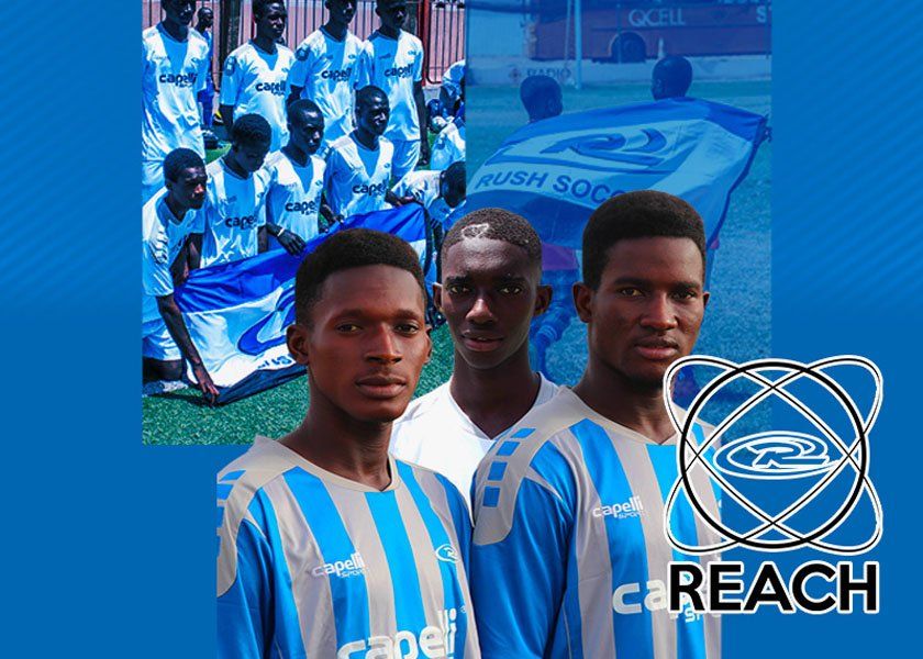 Blue-themed group poster for Reach, featuring three men in striped jerseys in front of a team photo.