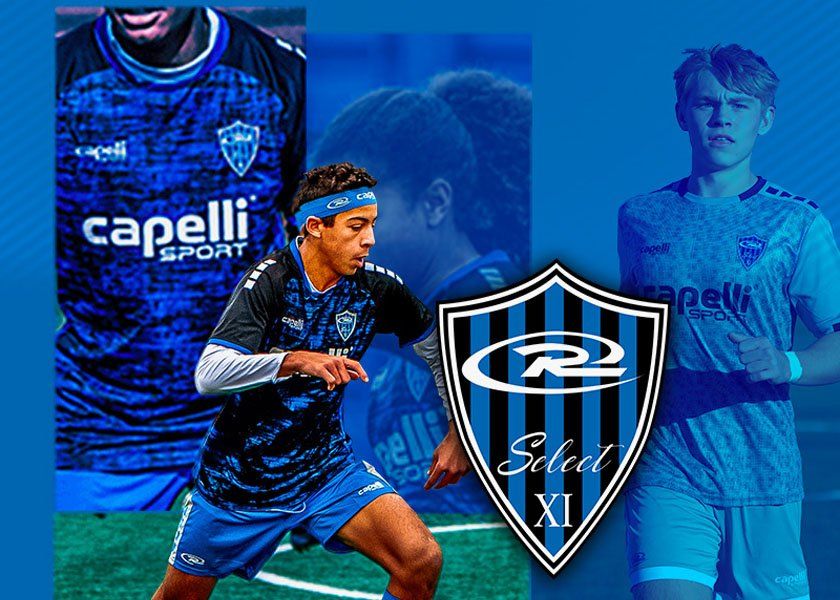 Blue-themed sports collage with a soccer player in action and a shield-style team crest in the center