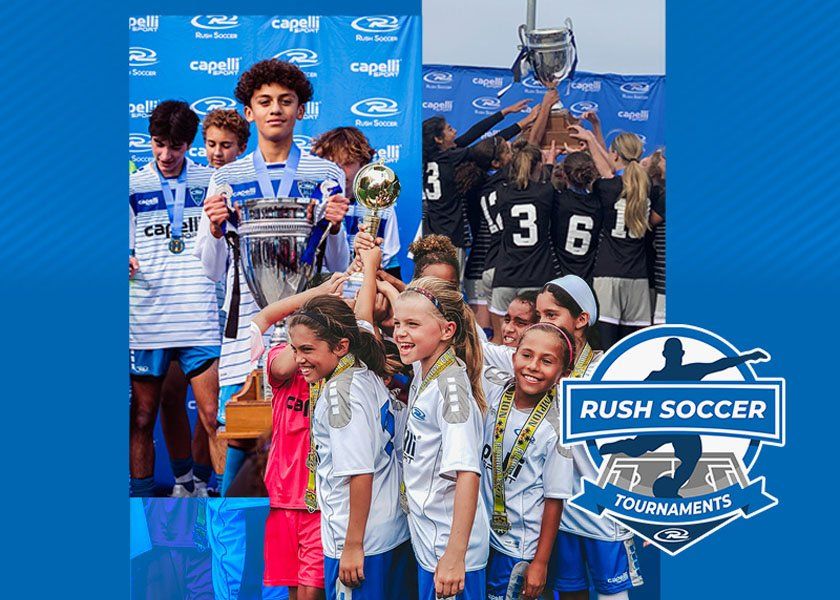 Youth soccer team celebrating with trophies on a blue Rush Soccer Foundation backdrop