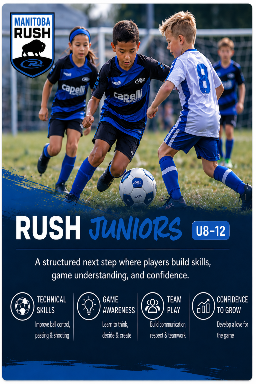 Soccer poster for Rush Juniors U8-10 with children playing on a field and training icons below