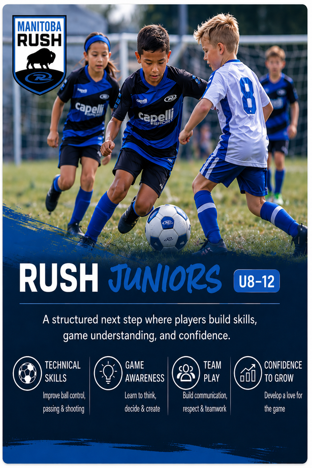 Soccer poster for Rush Juniors U8-10 with children playing on a field and training icons below