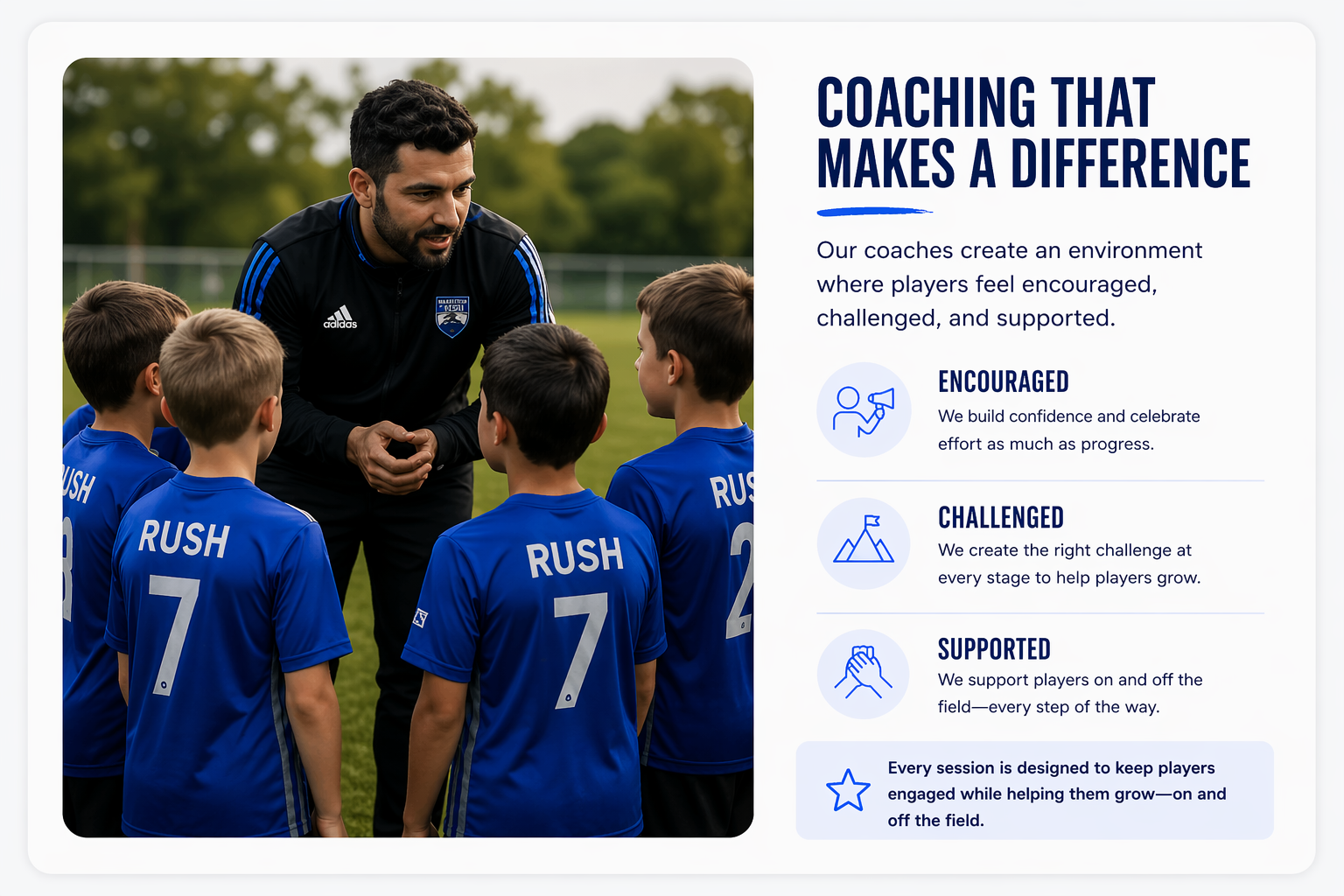 Soccer coach addressing young players in blue uniforms beside a poster reading “Coaching That Makes a Difference”