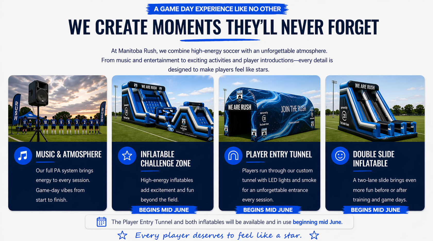 Website banner for event/party services with blue rentals and the headline “WE CREATE MOMENTS THEY’LL NEVER FORGET”