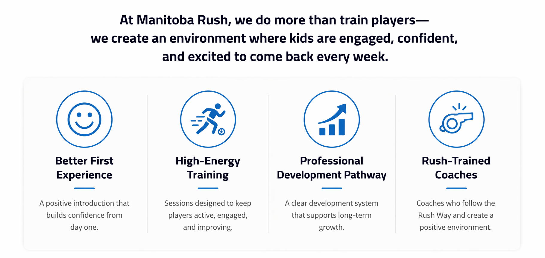 Infographic of four blue icons and labels: more fun, high-energy, professional, and coach/trained.