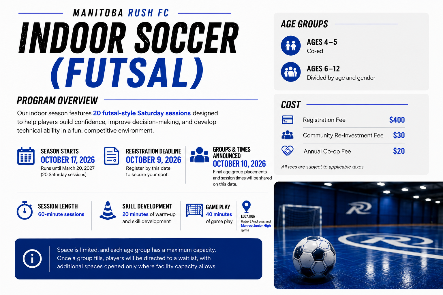 Three blue football academy promo cards for Rush Roots, Rush Juniors, and Rush Select with players on field