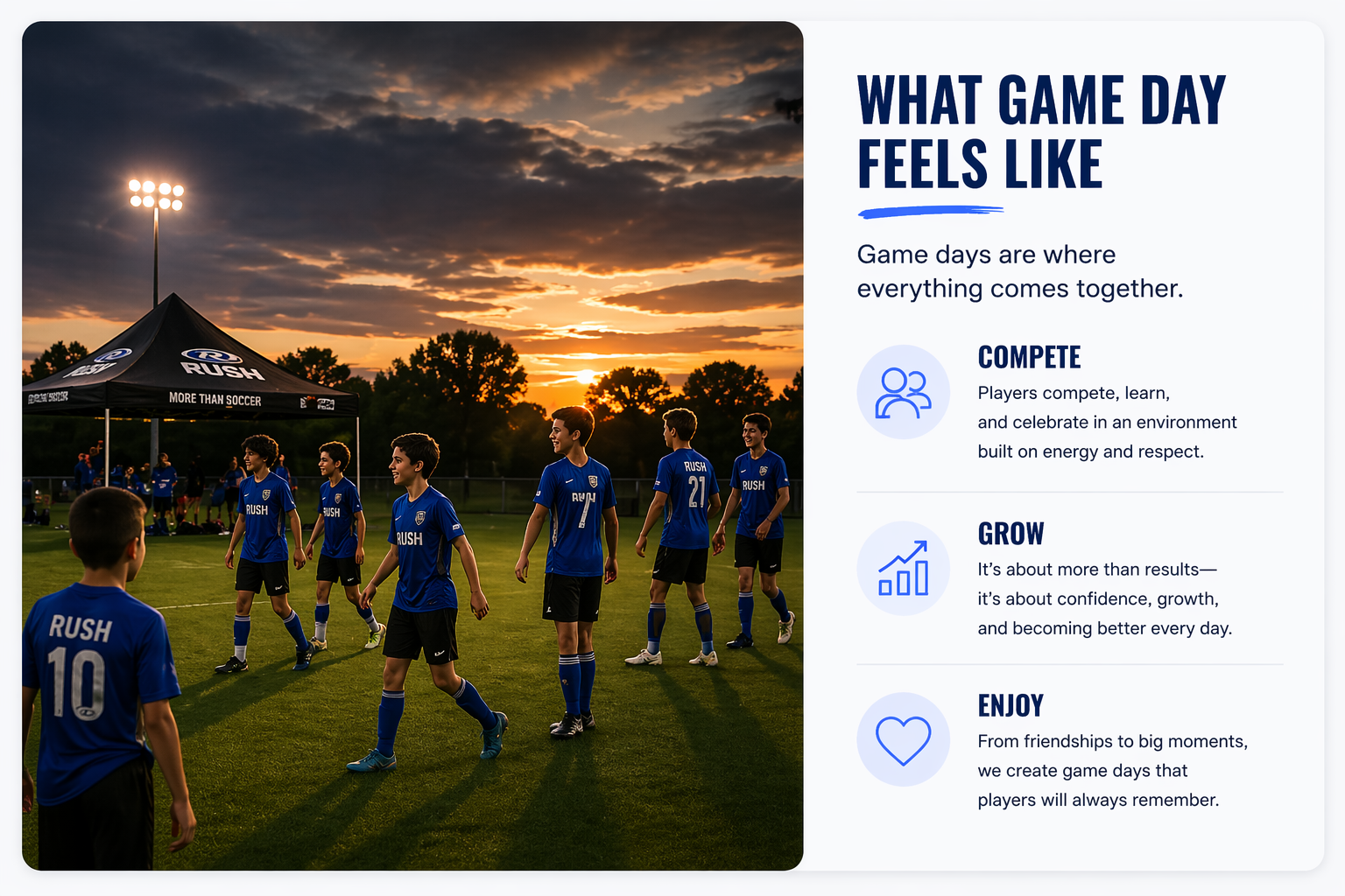 Soccer players on a field at sunset beside a poster reading “What game day feels like”