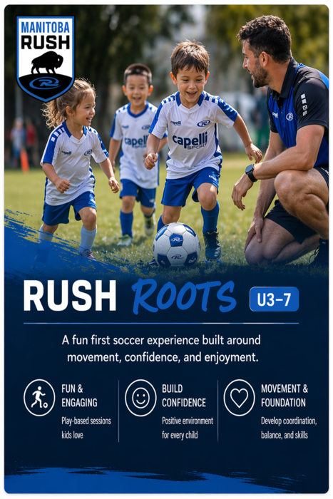 Youth soccer camp poster with kids and coach on a field, titled “Rush Roots U3-7”