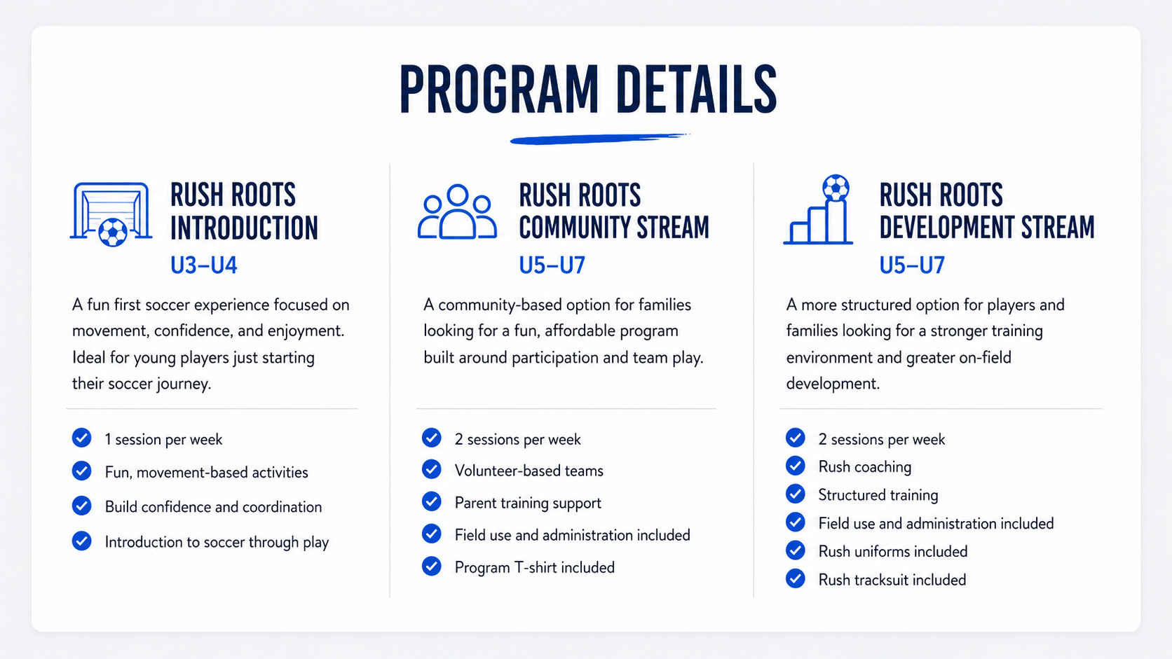 Program details slide with left info panel, center schedule list, and right checklist icons in blue and white