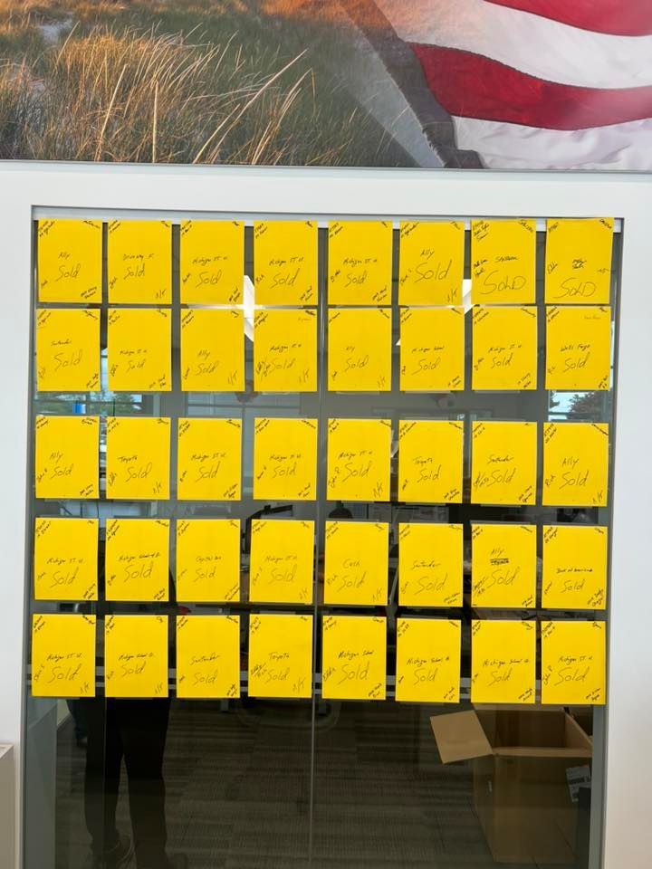 Yellow sticky notes arranged in a grid on a glass door, with a partial American flag above.