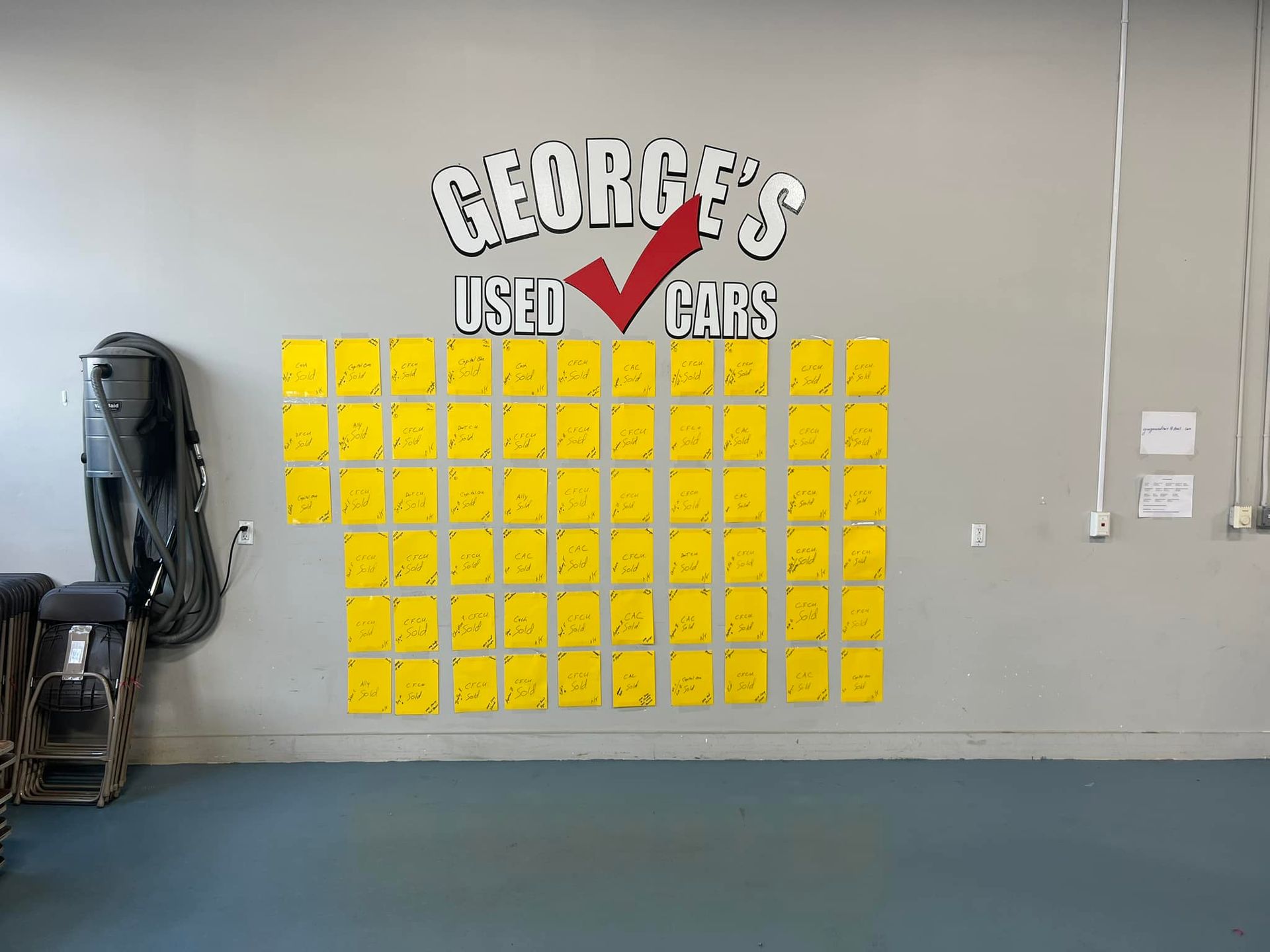 Wall with a grid of yellow cards beneath a school-style sign, next to a mounted vacuum in a room.