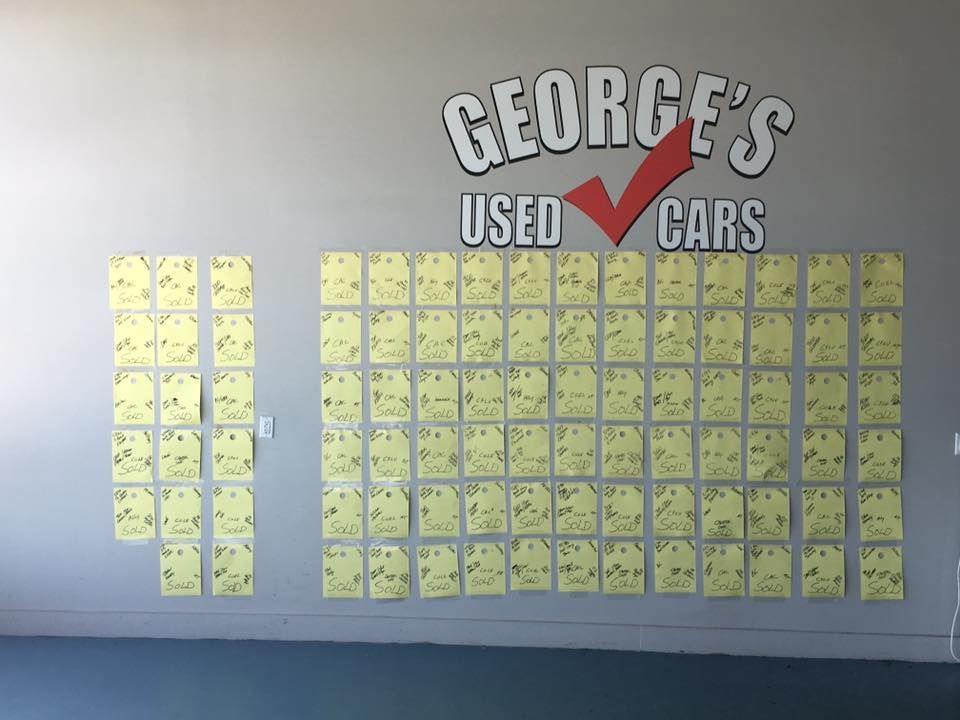 Wall of yellow sticky notes beneath a George’s Used Cars sign on a gray wall.