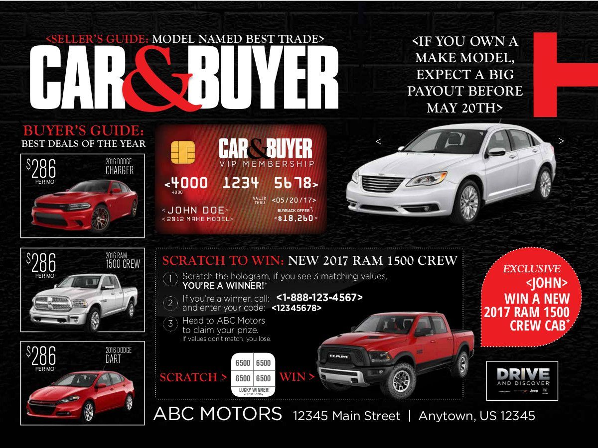 Car & Buyer magazine cover featuring multiple cars, with a white sedan and red truck highlighted against a black background