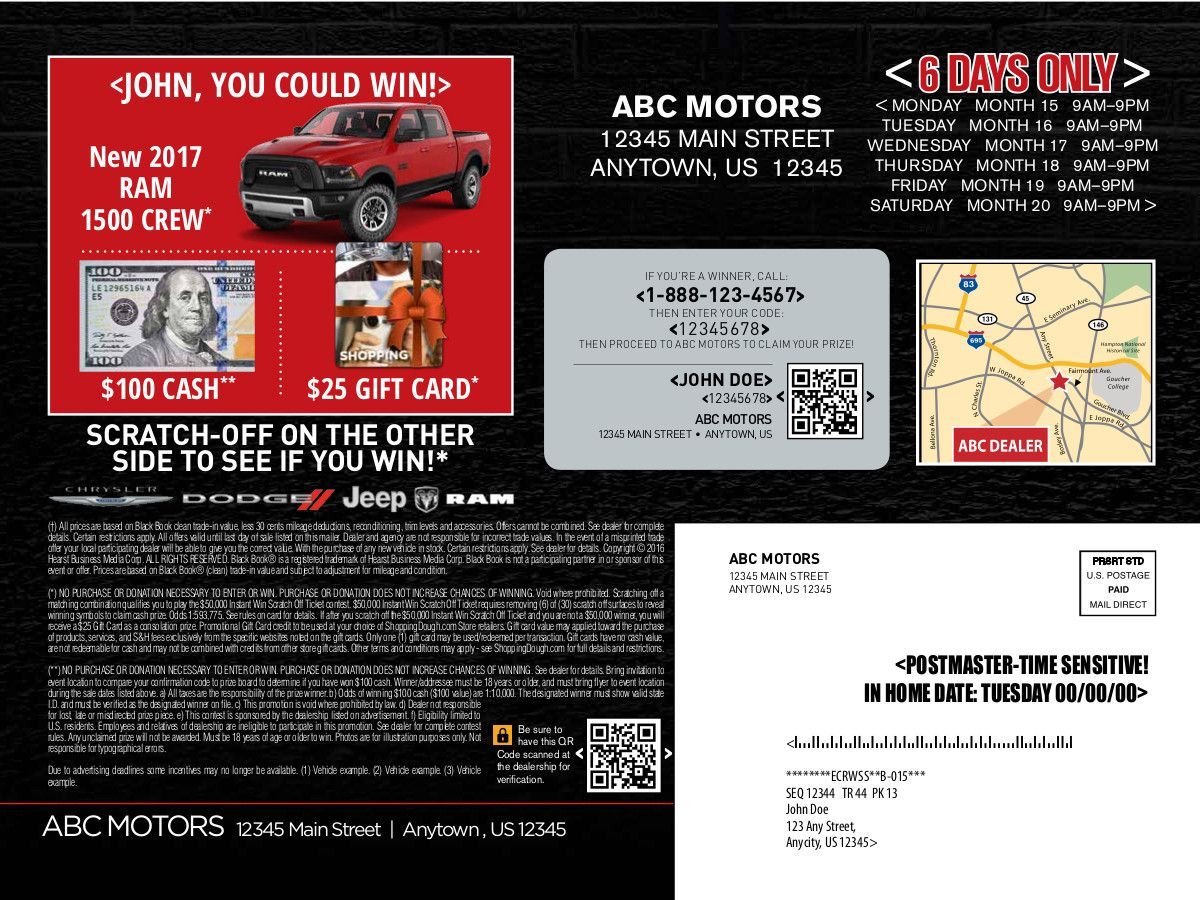 Red-and-black car giveaway flyer with contest details, maps, and mail-in form on a black background