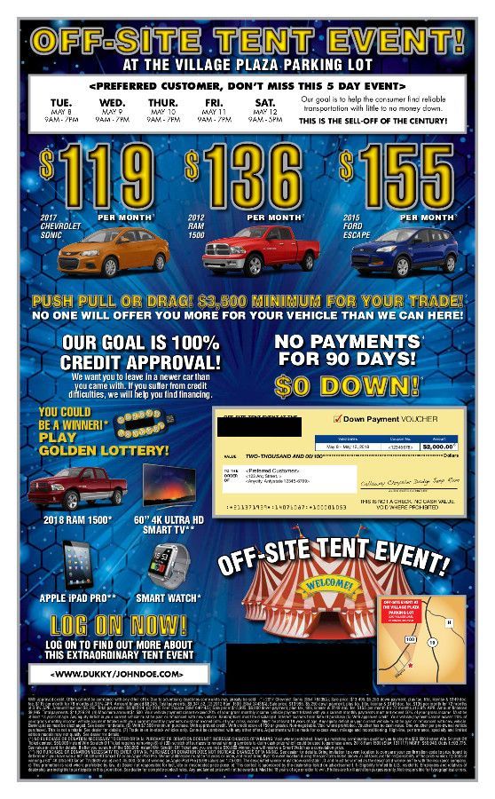 Off-site tent event flyer with blue background, tent photos, and financing offers starting at $119, $136, and $155 per month