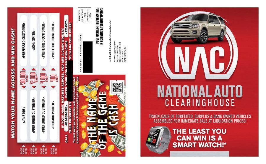 Red National Auto Clearing House flyer with a car, large NAC logo, and promotional text on white and black panels