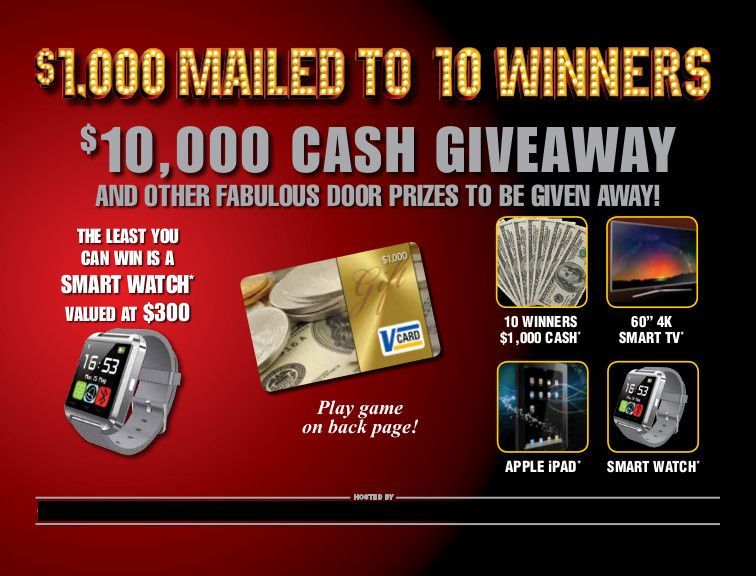Red and black cash giveaway ad: $10,000 mailed to 10 winners, plus prizes like an iPod, watch, and gift cards.