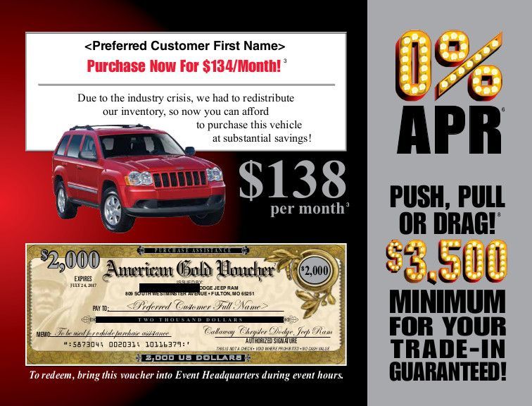 Red Jeep lease ad with $138 monthly payment, 0% APR, and trade-in guarantee text