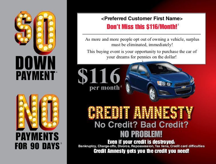 Promotional ad: $0 down payment, no payments for 90 days, $116/month, credit applicants, blue car on black background
