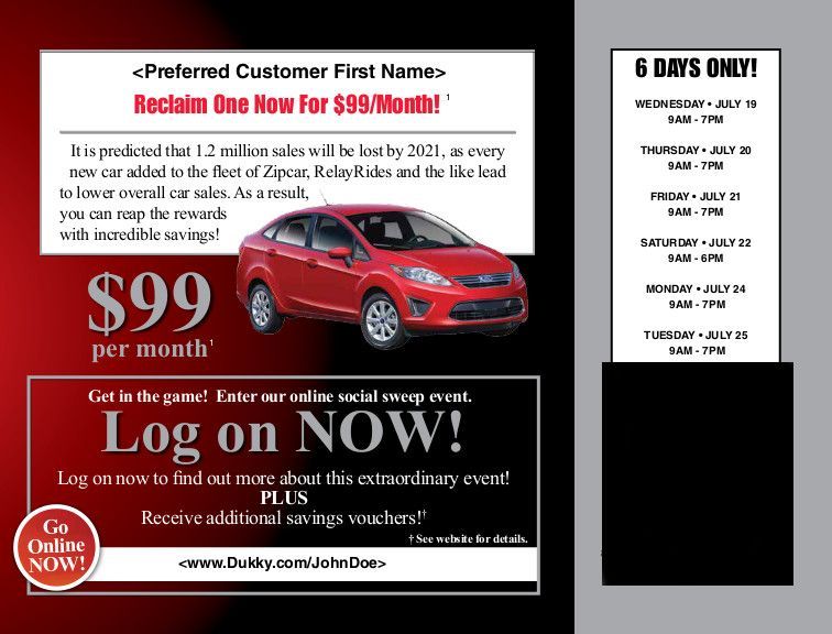 Red car lease ad with $99 per month and “Log on Now!” offers beside a 6 days only price list