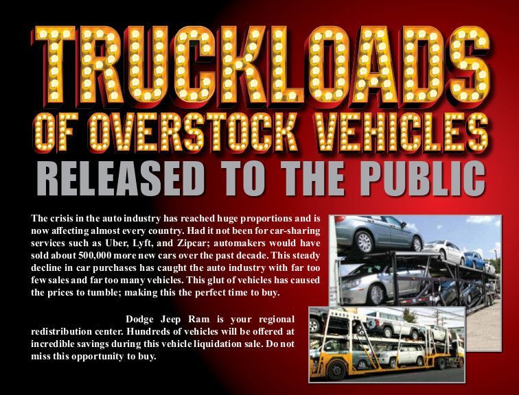 Poster on overstock vehicle truckloads released to the public, with tow trucks and cars on a red background