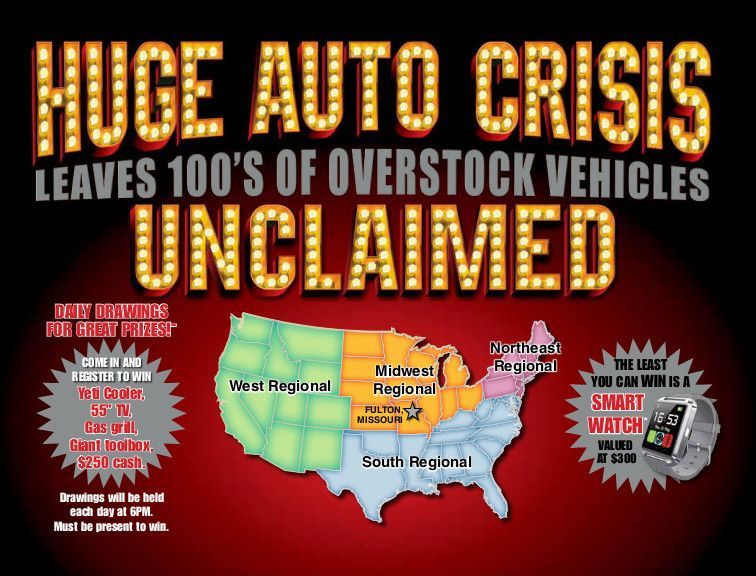 Infographic about huge auto crisis, with red background, bold yellow text, and U.S. map of unclaimed vehicles.