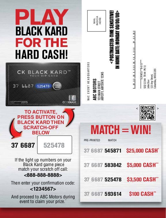 Black KARD scratch-off lottery ad with cash prize list and ticket image