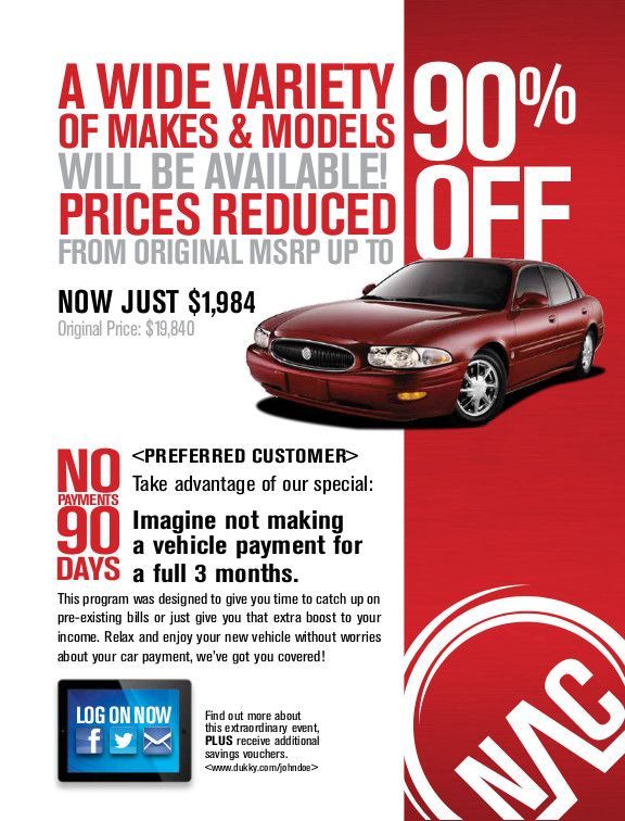Red and white NVC car sale ad with a red sedan and bold 90% off discount text