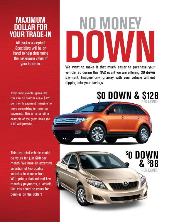 Car ad with “NO MONEY DOWN,” featuring orange and beige SUVs, trade-in offer, and monthly payment prices.