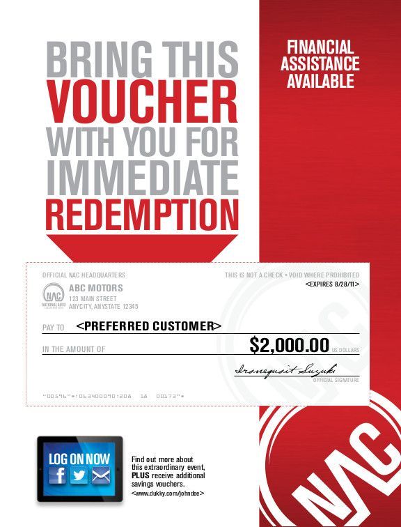 Red voucher ad urging immediate redemption, with financial assistance available and a $2,000 check.