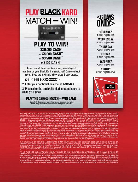 Red promotional flyer for Black Card Match + Win contest with prize list and rules text