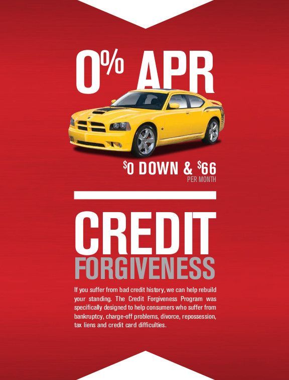 Red ad with yellow sports car advertising 0% APR, $0 down and credit forgiveness.