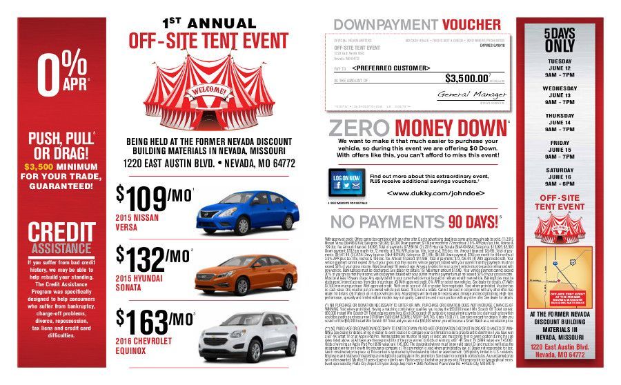 Used car sale ad with red and white layout, 0% APR, zero money down, and three cars with monthly prices